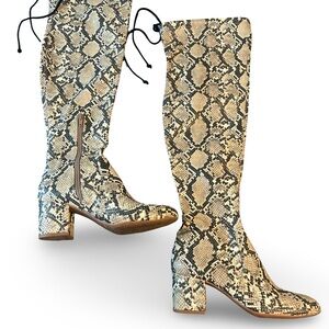 Gianni Bini Beige and Black Snake-Print Over-the-Knee Block Heel Boots